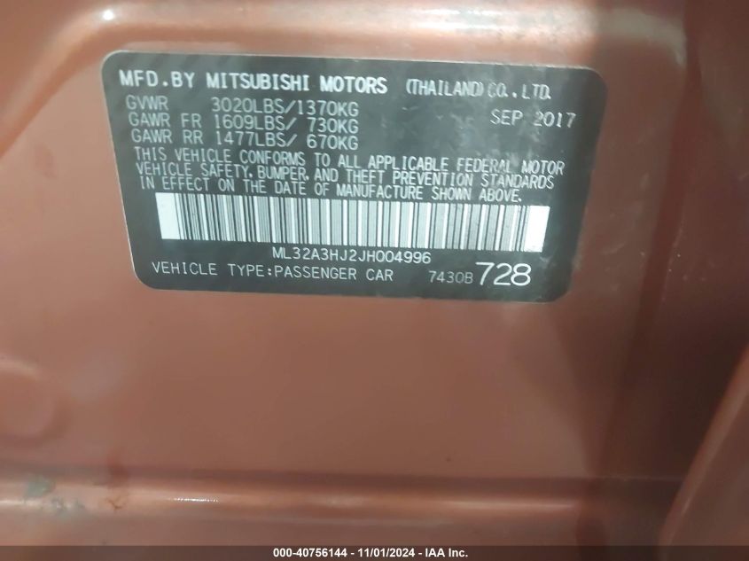 VIN ML32A3HJ2JH004996 2018 MITSUBISHI MIRAGE ES