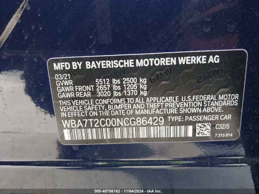 2022 BMW 740 I VIN: WBA7T2C00NCG86429 Lot: 40756162