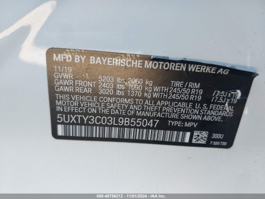 2020 BMW X3 Sdrive30I VIN: 5UXTY3C03L9B55047 Lot: 40756212