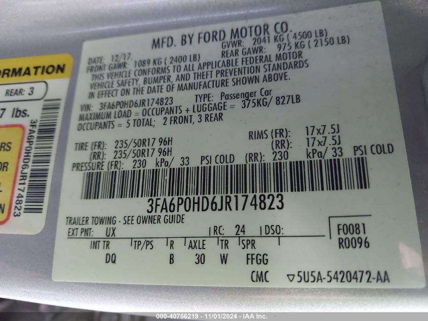 2018 FORD FUSION SE - 3FA6P0HD6JR174823