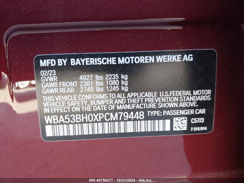 2023 BMW 530 I VIN: WBA53BH0XPCM79448 Lot: 40756277