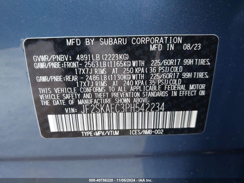 2023 Subaru Forester Premium VIN: JF2SKAEC3PH542234 Lot: 40756320