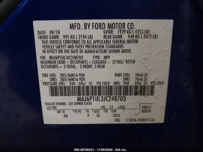 2018 Ford Ecosport Se VIN: MAJ6P1UL3JC248703 Lot: 40756331