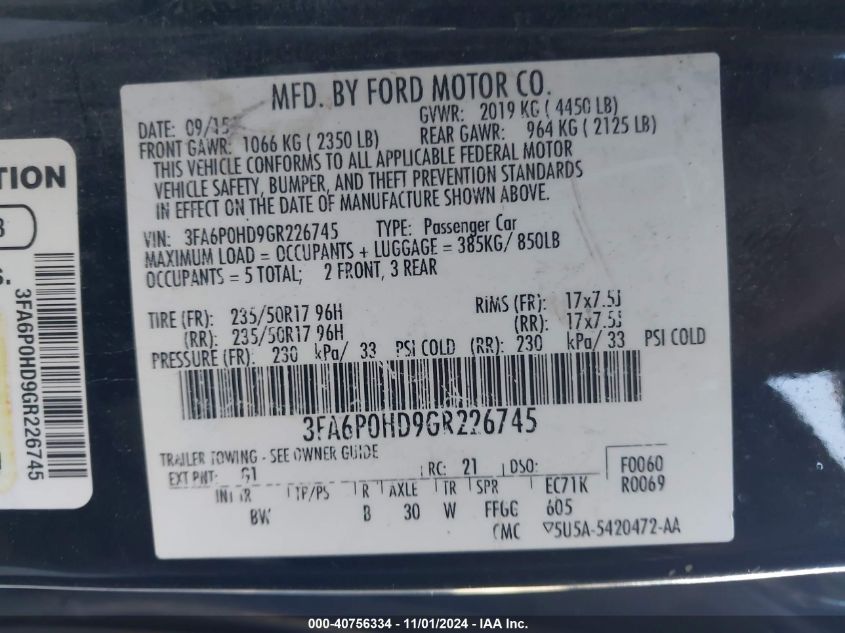 2016 FORD FUSION SE - 3FA6P0HD9GR226745