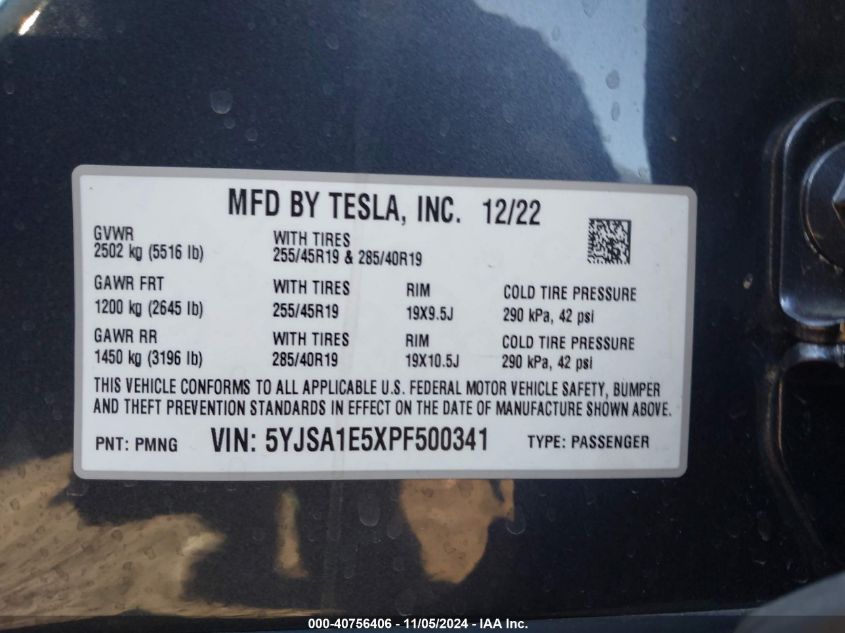 2023 Tesla Model S Dual Motor All-Wheel Drive/Standard Range VIN: 5YJSA1E5XPF500341 Lot: 40756406