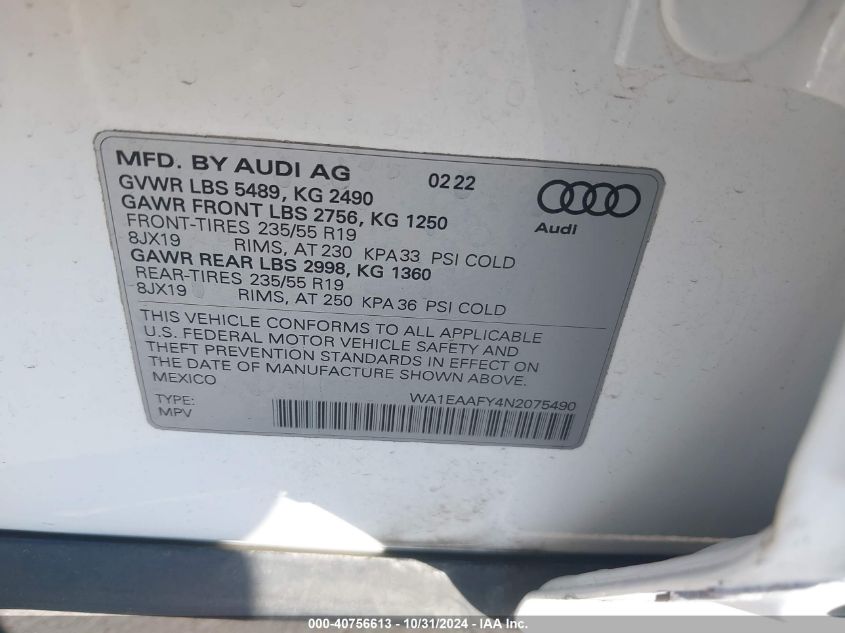 2022 Audi Q5 Premium Plus 45 Tfsi S Line Quattro S Tronic VIN: WA1EAAFY4N2075490 Lot: 40756613