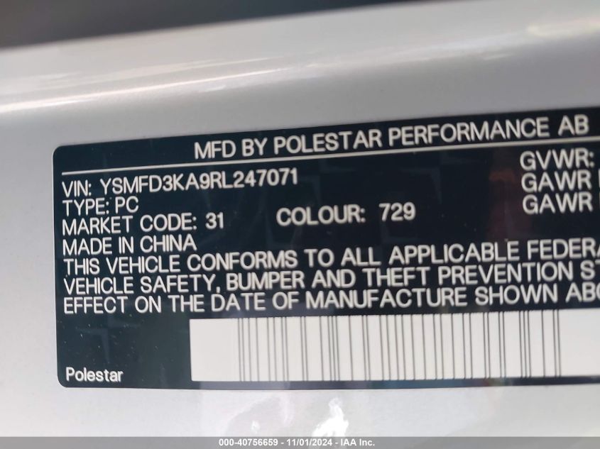 2024 Polestar 2 Long Range Dual Motor/Long Range Dual Motor Plus VIN: YSMFD3KA9RL247071 Lot: 40756659