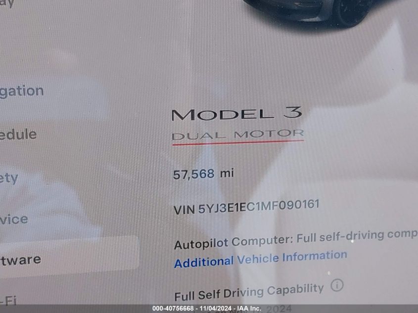 2021 Tesla Model 3 Performance Dual Motor All-Wheel Drive VIN: 5YJ3E1EC1MF090161 Lot: 40756668