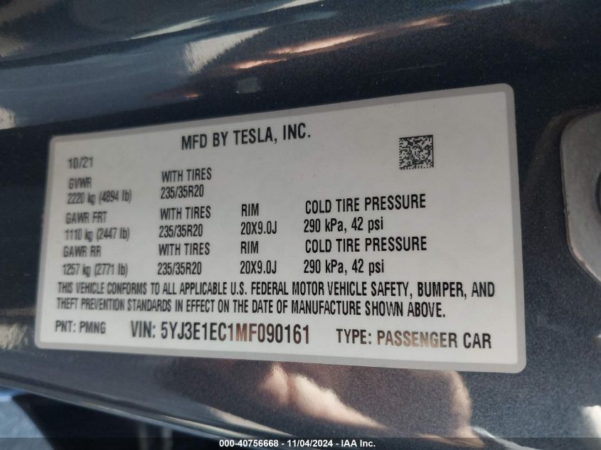 2021 Tesla Model 3 Performance Dual Motor All-Wheel Drive VIN: 5YJ3E1EC1MF090161 Lot: 40756668