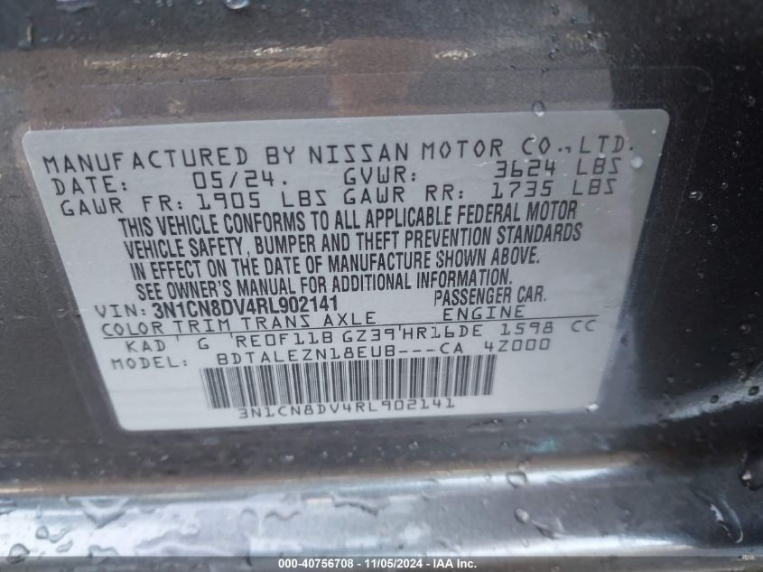 2024 Nissan Versa 1.6 S VIN: 3N1CN8DV4RL902141 Lot: 40756708