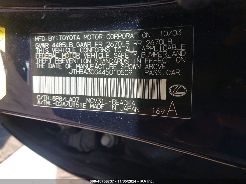 2004 Lexus Es 330 Base (A5) VIN: JTHBA30G445010509 Lot: 40756737