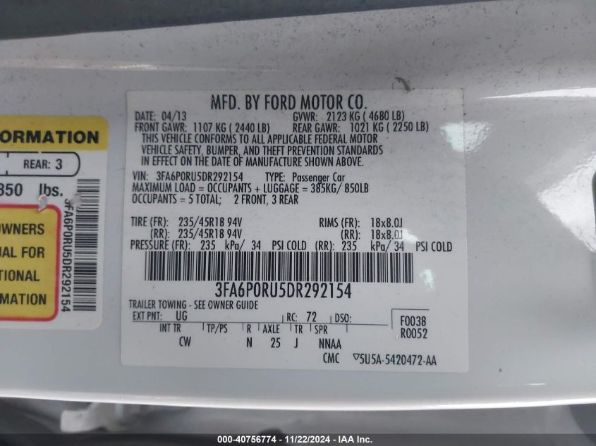 2013 Ford Fusion Hybrid Titanium VIN: 3FA6P0RU5DR292154 Lot: 40756774