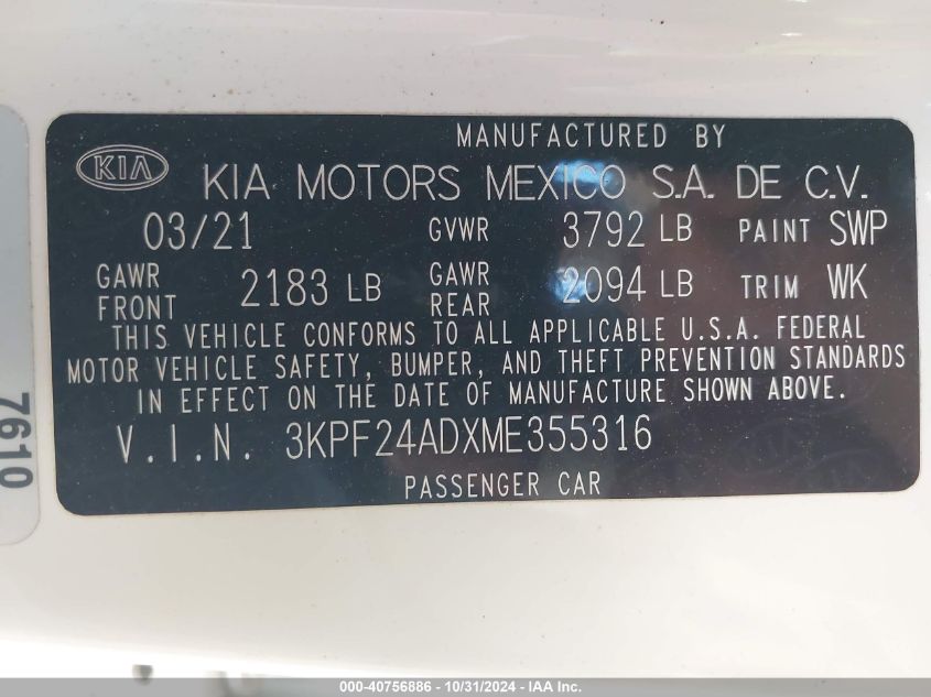 2021 Kia Forte Lxs VIN: 3KPF24ADXME355316 Lot: 40756886