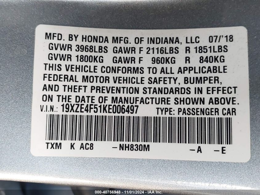 2019 Honda Insight Ex VIN: 19XZE4F51KE006497 Lot: 40756948