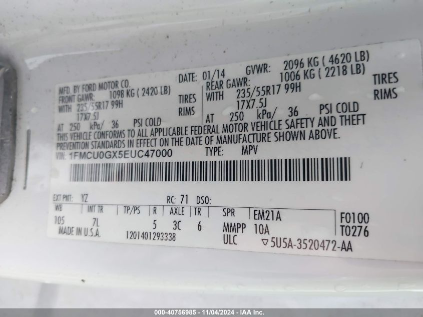 VIN 1FMCU0GX5EUC47000 2014 Ford Escape, SE no.9