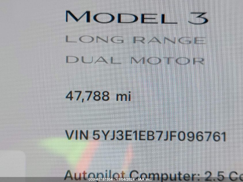 2018 Tesla Model 3 Long Range/Performance VIN: 5YJ3E1EB7JF096761 Lot: 40757054