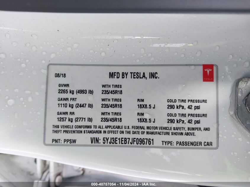 2018 TESLA MODEL 3 LONG RANGE/PERFORMANCE - 5YJ3E1EB7JF096761