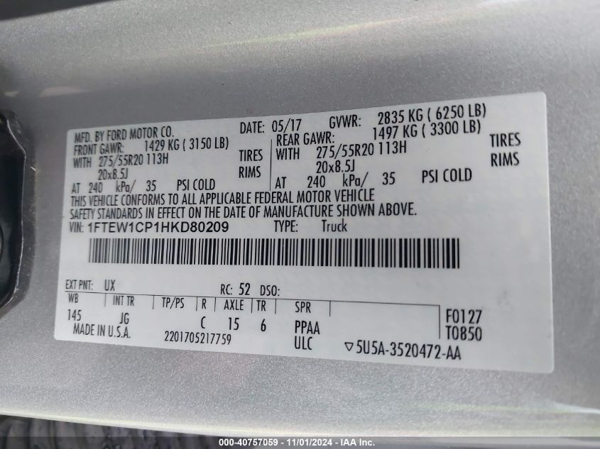 2017 FORD F150 VIN: 1FTEW1CP1HKD80209