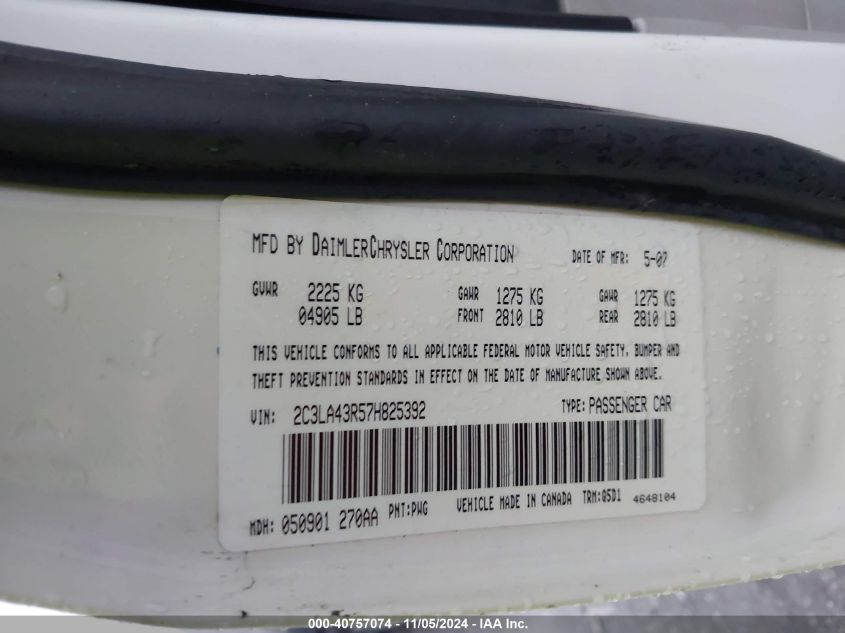 2007 Chrysler 300 VIN: 2C3LA43R57H825392 Lot: 40757074