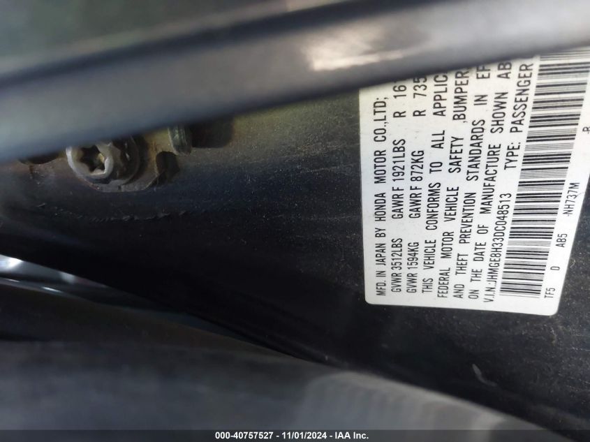 2013 Honda Fit VIN: JHMGE8H33DC048513 Lot: 40757527