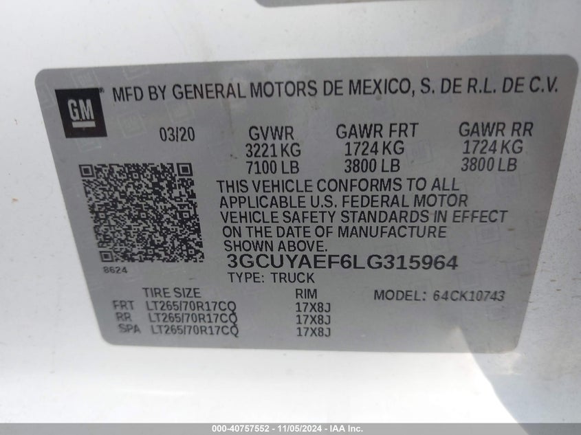 2020 CHEVROLET SILVERADO 1500 4WD  STANDARD BED WT - 3GCUYAEF6LG315964