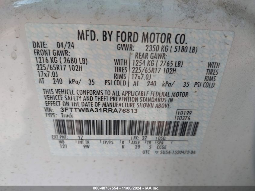 2024 Ford Maverick Xl VIN: 3FTTW8A31RRA76813 Lot: 40757554