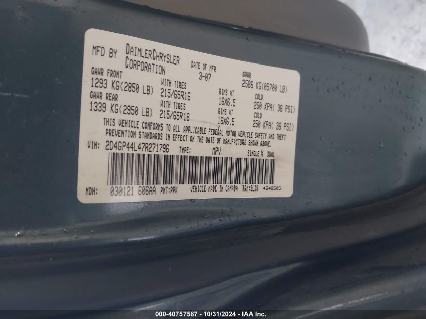 2007 Dodge Grand Caravan Sxt VIN: 2D4GP44L47R271796 Lot: 40757587