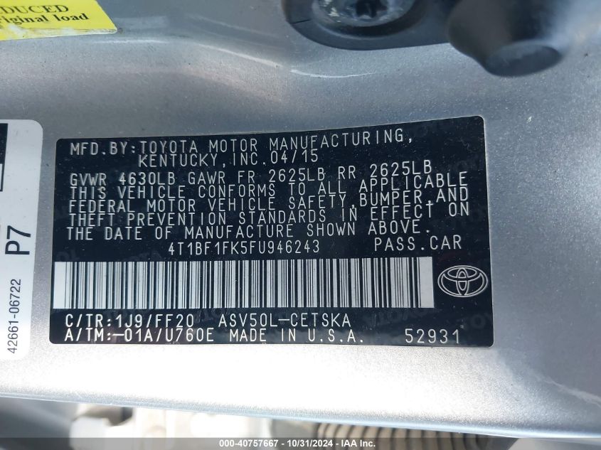 2015 TOYOTA CAMRY VIN: 4T1BF1FK5FU946243