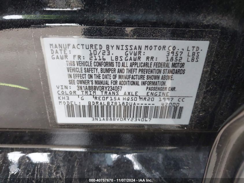 2024 Nissan Sentra S Xtronic Cvt VIN: 3N1AB8BV0RY234067 Lot: 40757670