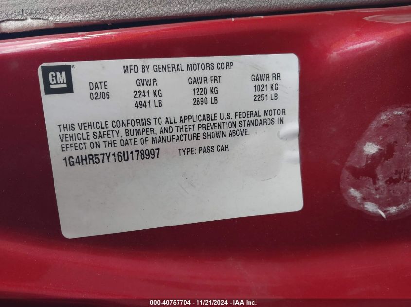 2006 Buick Lucerne Cxl VIN: 1G4HR57Y16U178997 Lot: 40757704