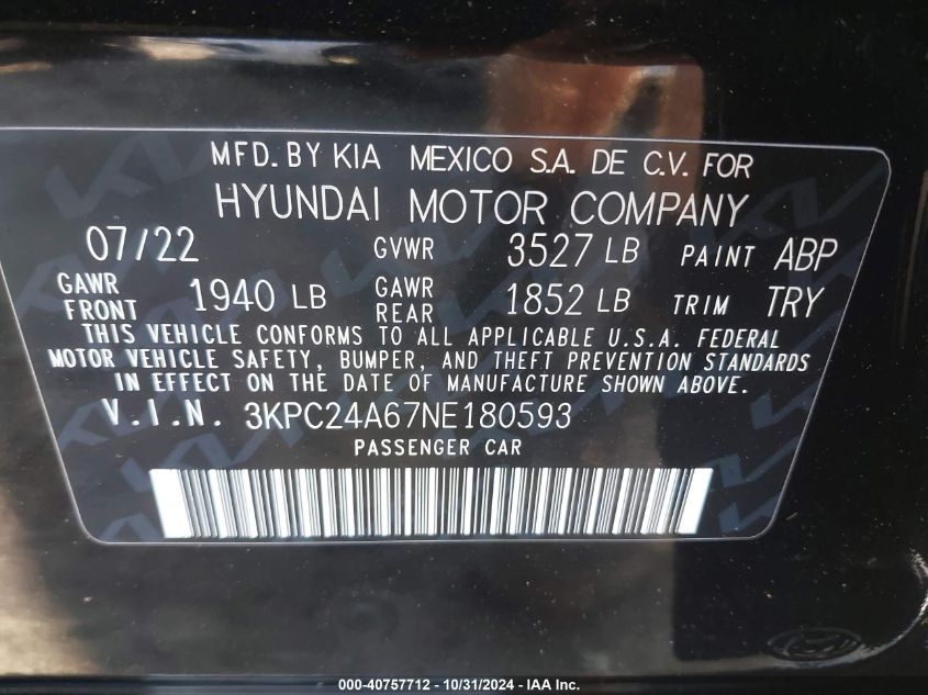 2022 Hyundai Accent Sel VIN: 3KPC24A67NE180593 Lot: 40757712