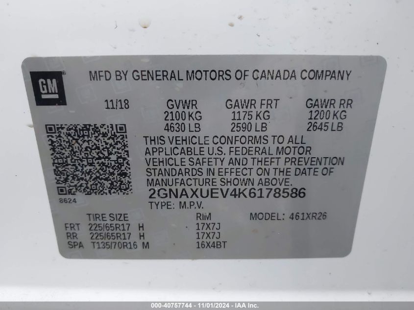 2019 Chevrolet Equinox Lt VIN: 2GNAXUEV4K6178586 Lot: 40757744