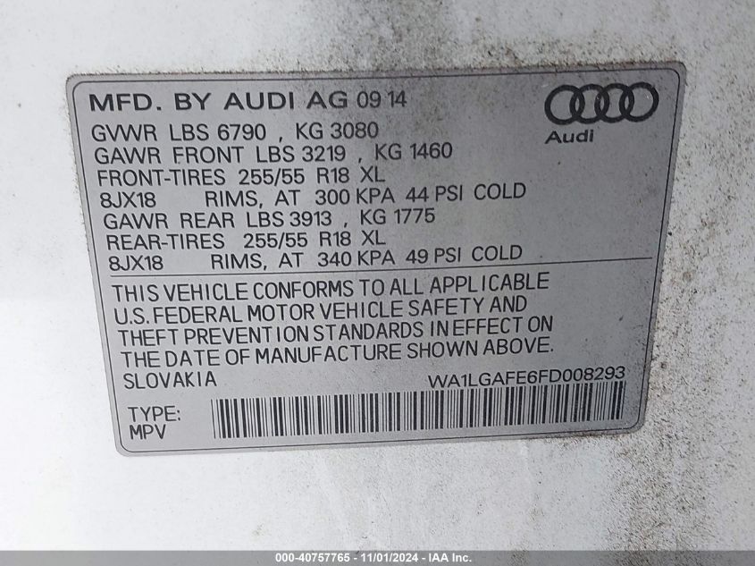 2015 Audi Q7 3.0T Premium VIN: WA1LGAFE6FD008293 Lot: 40757765