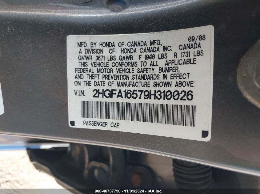 2009 Honda Civic Lx VIN: 2HGFA16579H310026 Lot: 40757790