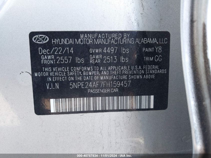 2015 Hyundai Sonata Se VIN: 5NPE24AF7FH159457 Lot: 40757834