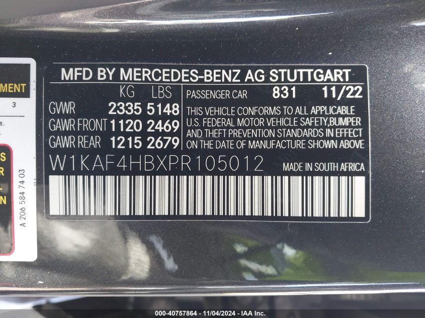 2023 Mercedes-Benz C 300 4Matic VIN: W1KAF4HBXPR105012 Lot: 40757864