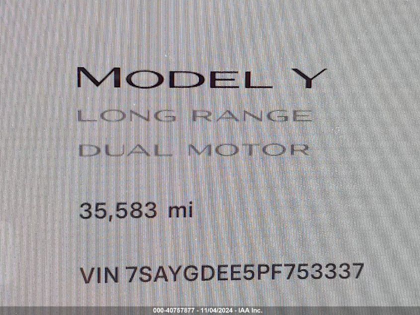 2023 Tesla Model Y Awd/Long Range Dual Motor All-Wheel Drive VIN: 7SAYGDEE5PF753337 Lot: 40757877