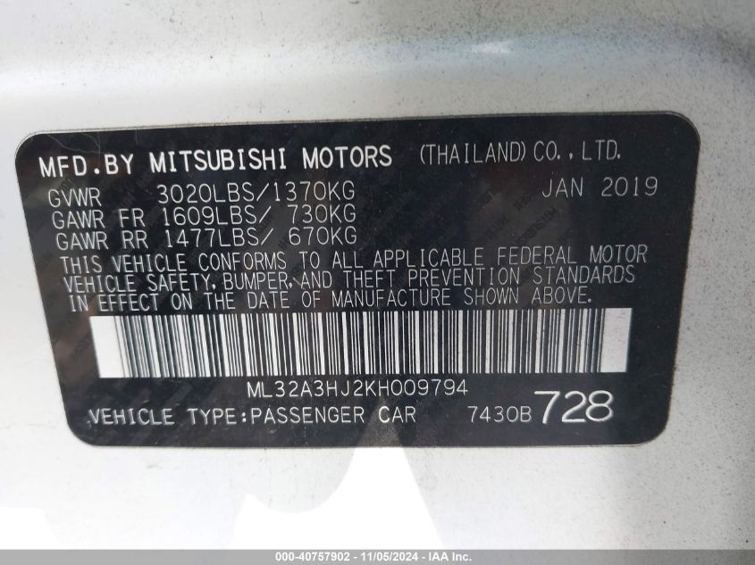 2019 Mitsubishi Mirage Rf VIN: ML32A3HJ2KH009794 Lot: 40757902