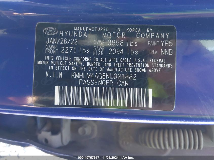 2022 Hyundai Elantra Sel VIN: KMHLM4AG8NU321882 Lot: 40757917