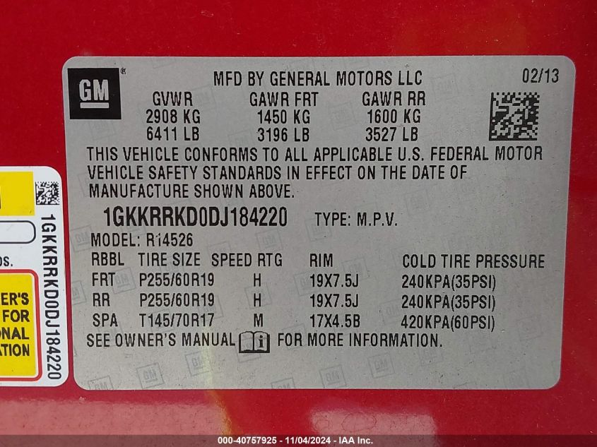 VIN 1GKKRRKD0DJ184220 2013 GMC ACADIA no.9