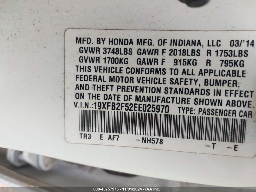 2014 Honda Civic Lx VIN: 19XFB2F52EE025970 Lot: 40757975