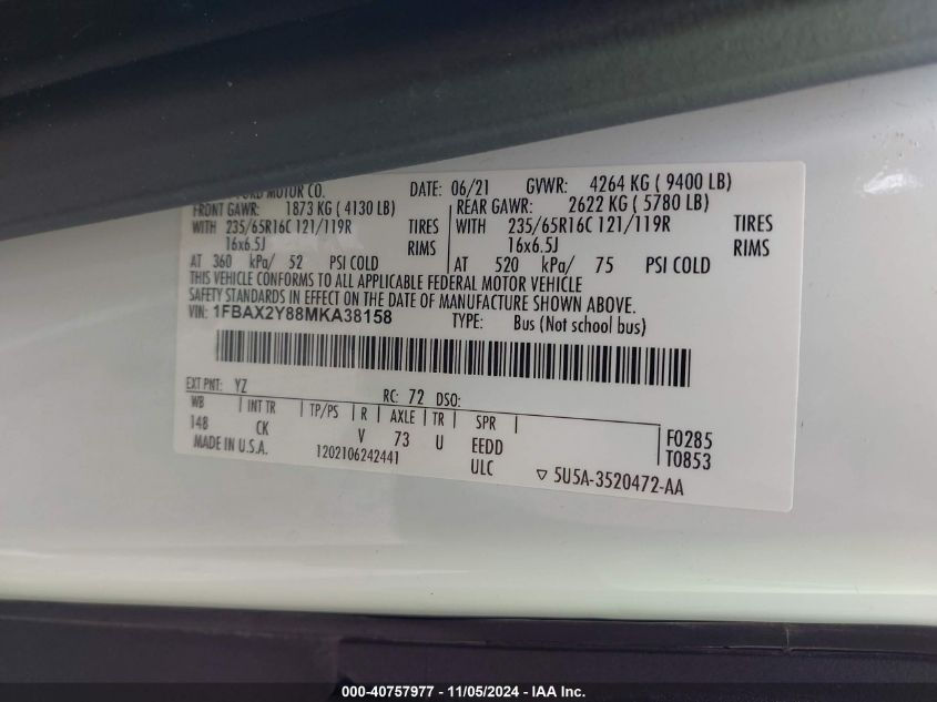 2021 Ford Transit Xlt VIN: 1FBAX2Y88MKA38158 Lot: 40757977