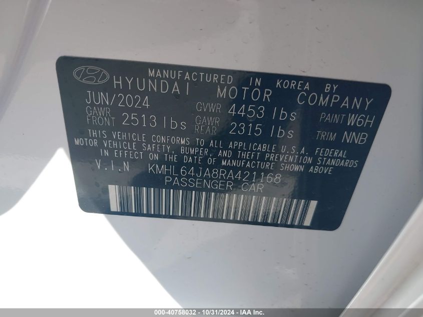 2024 Hyundai Sonata Sel VIN: KMHL64JA8RA421168 Lot: 40758032