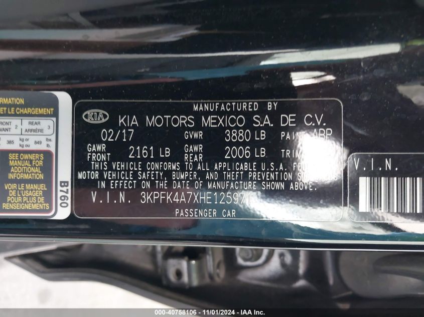 2017 Kia Forte Lx VIN: 3KPFK4A7XHE125971 Lot: 40758106