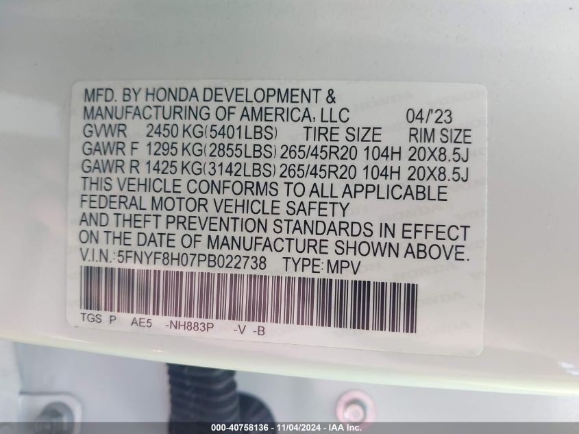 2023 Honda Passport Elite VIN: 5FNYF8H07PB022738 Lot: 40758136