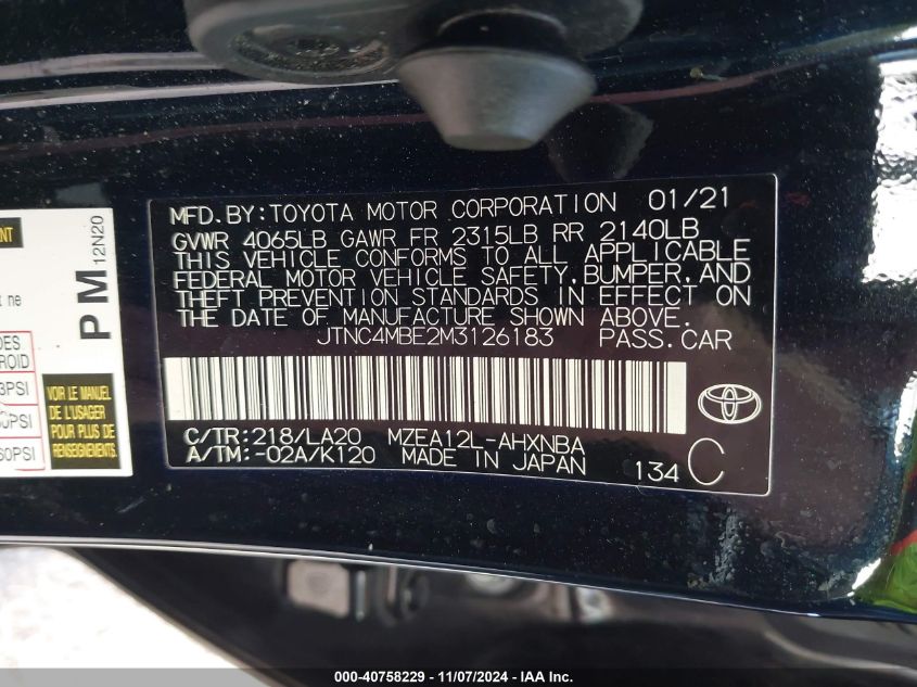 VIN JTNC4MBE2M3126183 2021 TOYOTA COROLLA no.9