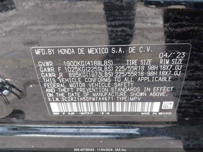 VIN 3CZRZ1H50PM744671 2023 Honda HR-V, 2Wd Sport no.9