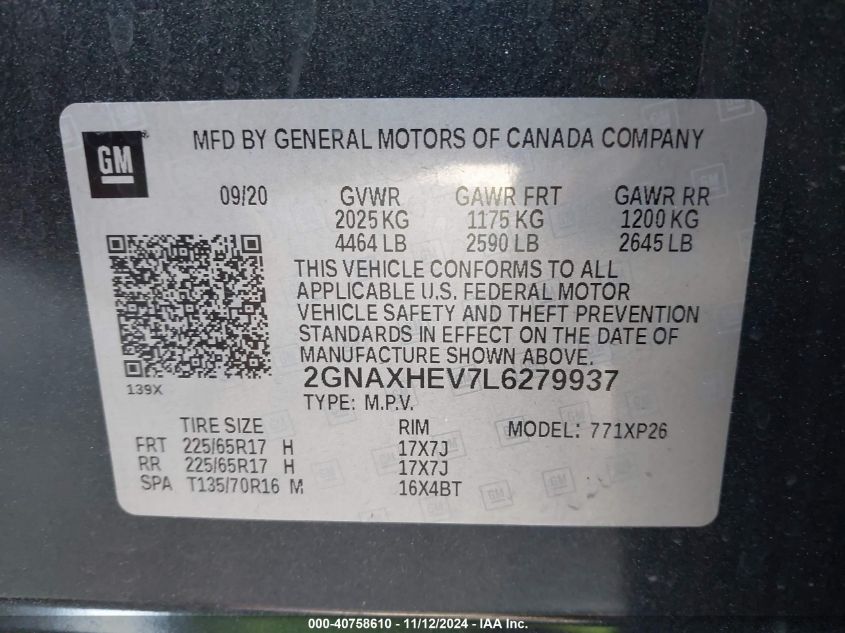 VIN 2GNAXHEV7L6279937 2020 Chevrolet Equinox, Fwd Ls no.9