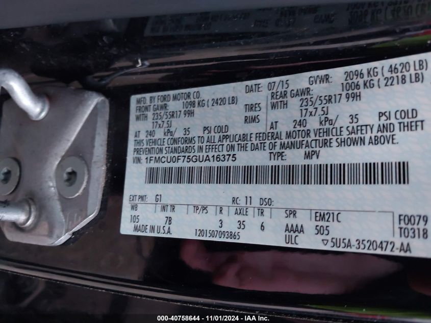 2016 Ford Escape S VIN: 1FMCU0F75GUA16375 Lot: 40758644