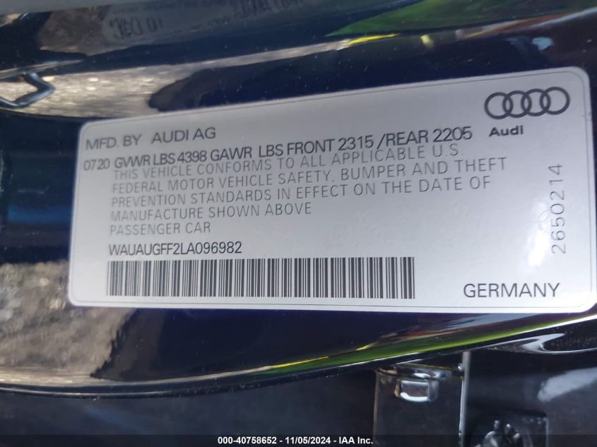 2020 Audi A3 Premium 40 Tfsi Front-Wheel Drive S Tronic VIN: WAUAUGFF2LA096982 Lot: 40758652